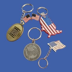 Patriotic American Flag WWII Keychain Key Rings and Lapel Pin